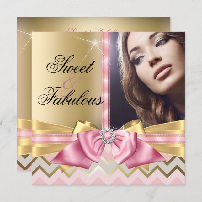 Sweet and Fabulous Pink Gold Chevron Birthday Invitation (Front/Back)