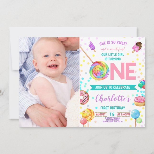 Sweet and Fun Candy Land Sweet Girl 1st Birthday Invitation (Front)