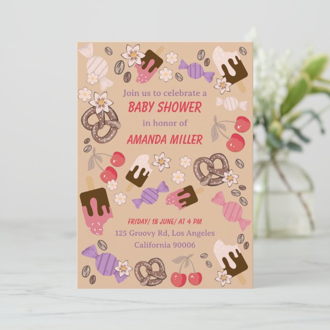 Sweet and Salty Baby Shower Treats Beige Pattern Invitation (Standing Front)