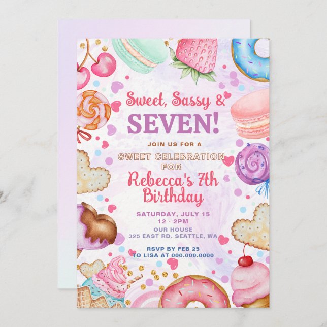 Sweet and Sassy 7th Birthday Party Invitation (Front/Back)