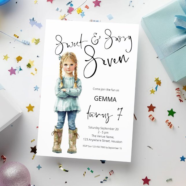 Sweet and Sassy Seven Girl 7th Birthday Party Invitation (Creator Uploaded)