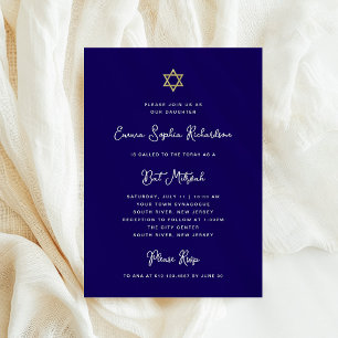 Sweet and Simple   Blue White and Gold Bat Mitzvah Invitation