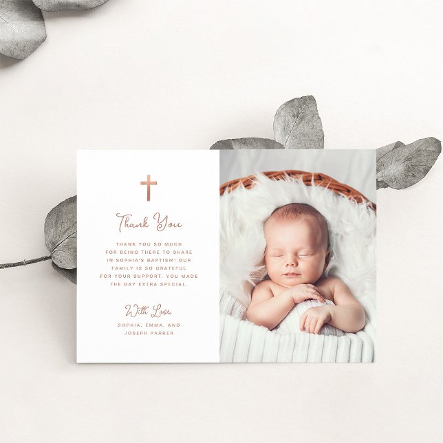 Sweet and Simple | Photo Baptism Rose Gold Thank You Card (Creator Uploaded)
