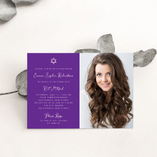 Sweet and Simple Pink and Purple Photo Bat Mitzvah Invitation