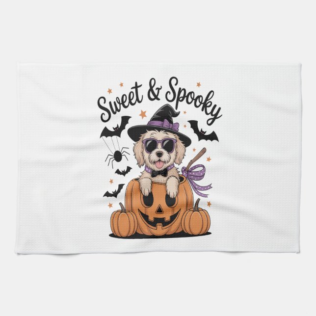 Sweet and Spooky Dog Halloween Tea Towel (Horizontal)