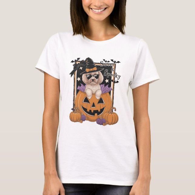 Sweet and Spooky Poodle and Pumpkin T-Shirt (Front)
