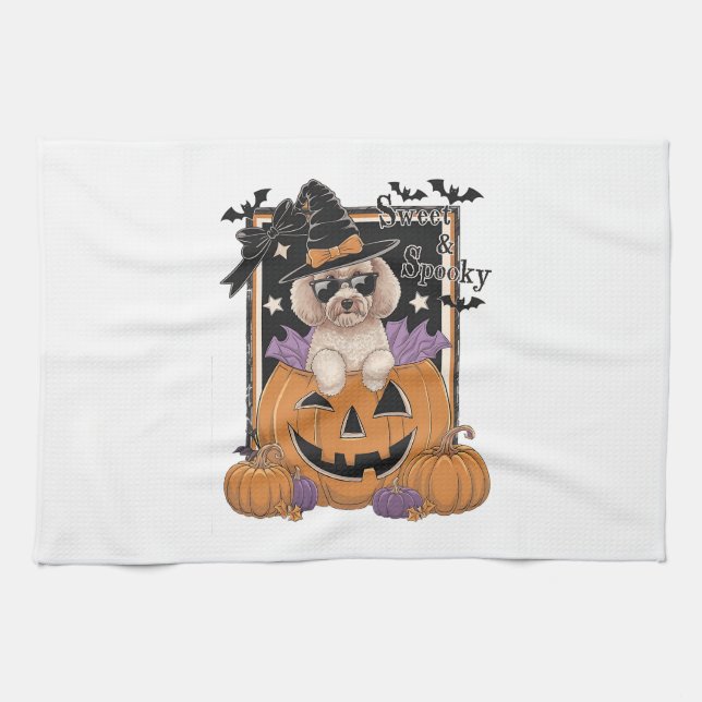 Sweet and Spooky Poodle and Pumpkin Tea Towel (Horizontal)