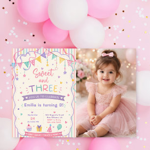 Sweet and Three candy sweets pastel 3rd birthday Invitation
