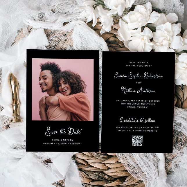 Sweet and Whimsical Black | Photo and QR Code Save The Date (A stylish black save the date card with your photo, white vintage script, and a scannable QR code.)