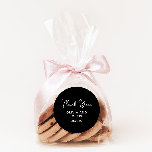 Sweet and Whimsical Black | Wedding Thank You Classic Round Sticker (A sweet and whimsical thank you sticker for your wedding favors)