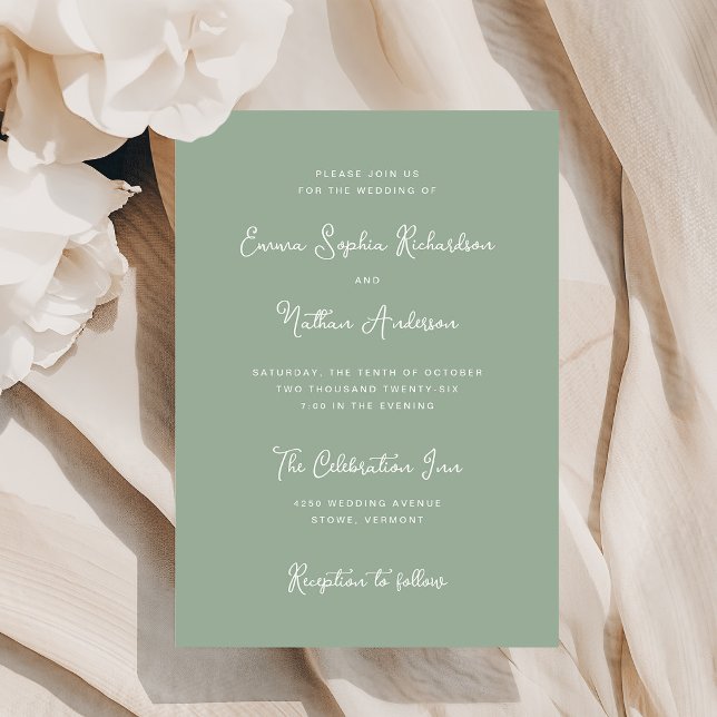 Sweet and Whimsical | Ivory and Sage Green Wedding Invitation (A stylish, sage green wedding invitation with ivory text)