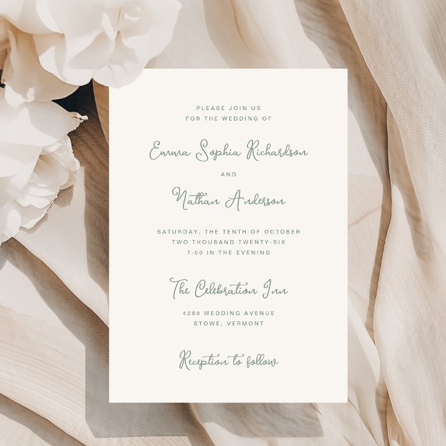 Sweet and Whimsical | Ivory and Sage Green Wedding Invitation (A stylish, ivory cream colored invitation with trendy sage green typography)