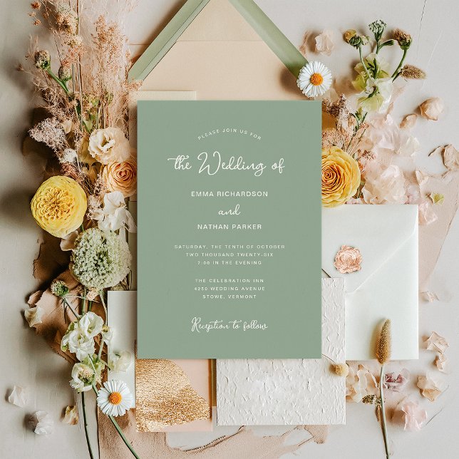 Sweet and Whimsical | Sage Green Wedding Invitation (A stylish, sage green wedding invitation with ivory text)