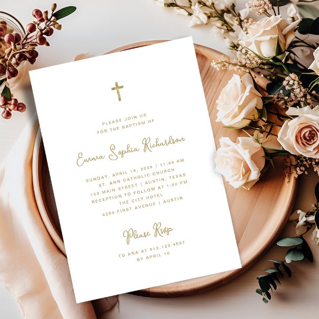 Sweet and Whimsical | Simple Gold Coloured Baptism Invitation (A sweet and simple Baptism invitation with gold colored text and a cross on a white background)