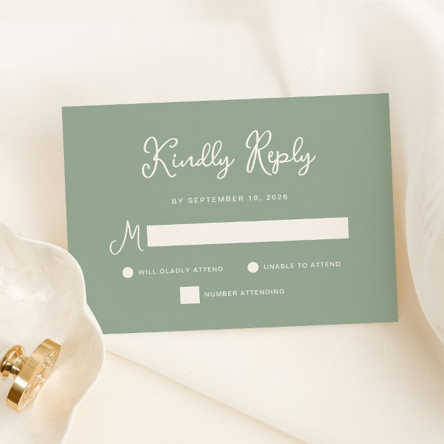 Sweet and Whimsical | Simple Sage Green Wedding RSVP Card (An elegant sage green wedding rsvp card with ivory script)