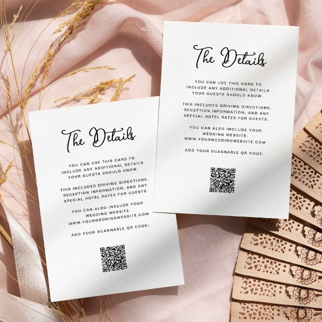 Sweet and Whimsical Wedding Guest Details QR Code Enclosure Card (A simple, chic black and white wedding details card with QR code)