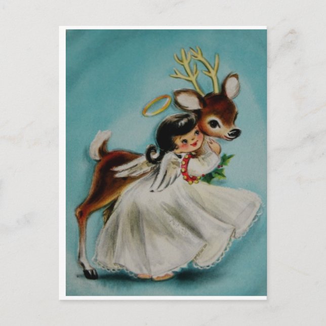 Sweet Angel Girl hugging adorable deer. Postcard (Front)