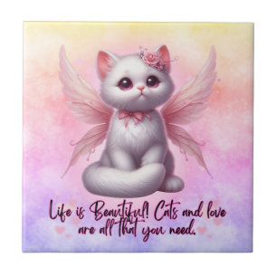 Sweet angel kitten with wings life is beautiful ceramic tile