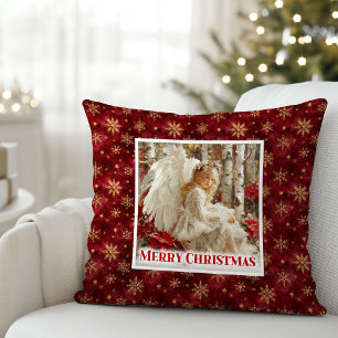 Sweet Angel Poinsettia Red Gold Kids Room Christma Cushion