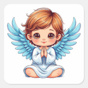 Sweet Angel With Blue Wings And Halo Square Sticker
