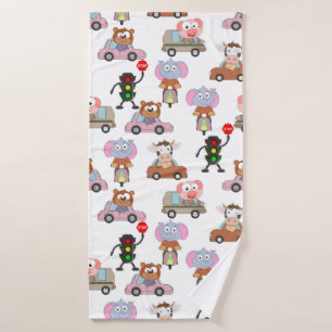 Sweet Animals In Cars With Traffic Light Pattern Bath Towel