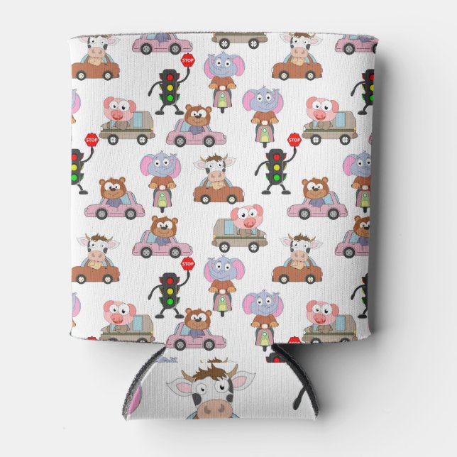 Sweet Animals In Cars With Traffic Light Pattern Can Cooler (Front)