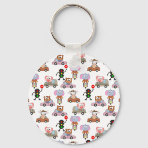 Sweet Animals In Cars With Traffic Light Pattern Key Ring
