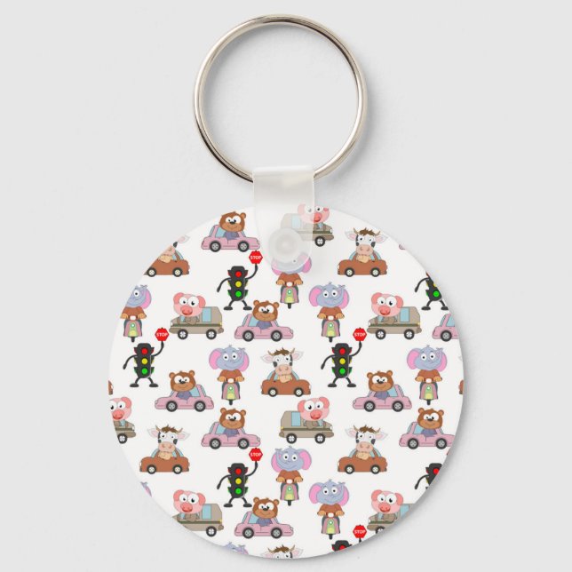Sweet Animals In Cars With Traffic Light Pattern Key Ring (Front)