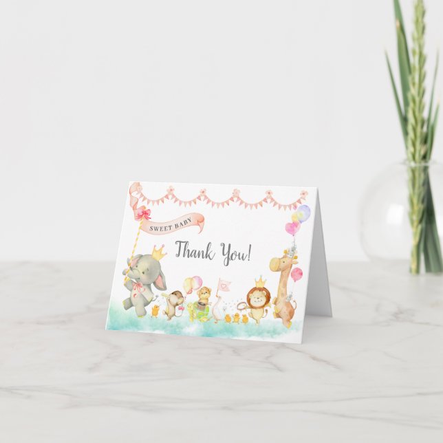 Sweet Animals Parade Baby Shower Thank You Card (Front)
