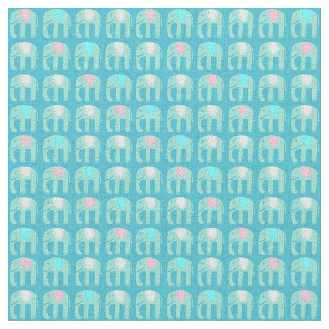 Sweet Aqua Blue Elephants Pattern Fabric (Close Up)