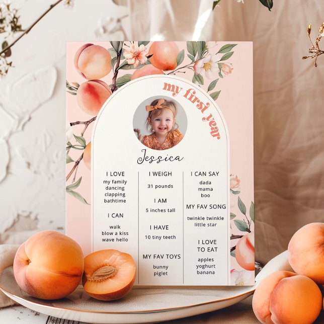 Sweet as a peach 1s birthday party photo milestone poster (Creator Uploaded)