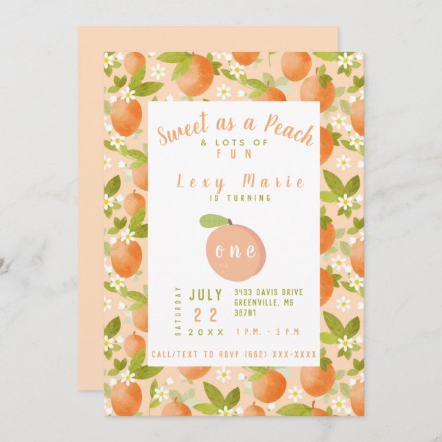 Sweet as a Peach 1st Birthday Invitation (Front/Back)