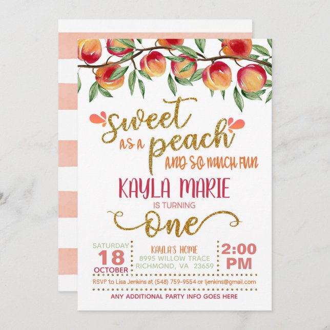 Sweet as a Peach 1st Birthday Invitation - W ST (Front/Back)