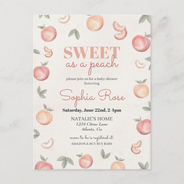 Sweet as a peach baby shower invite postcard (Front)