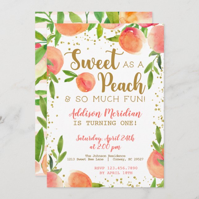 Sweet as a Peach Birthday Invitation (Front/Back)