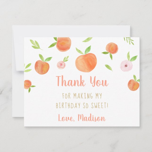 Sweet As A Peach Birthday Thank You Card (Front)