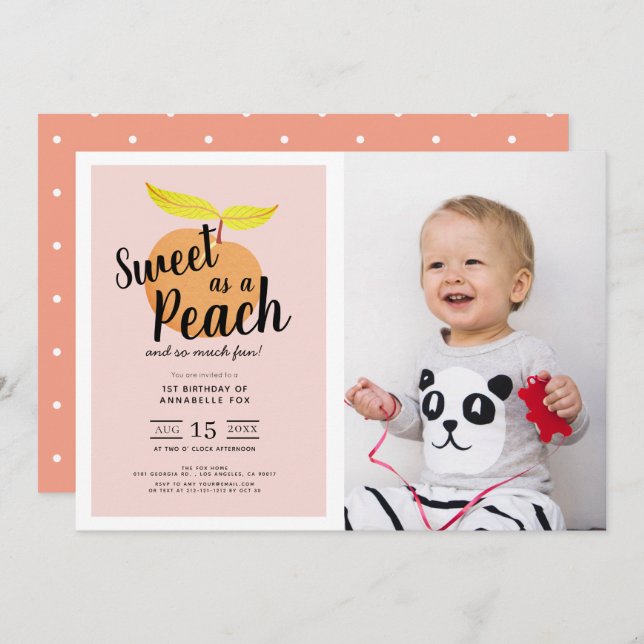 Sweet as a Peach Cute Girl Photo1st Birthday Invitation (Front/Back)