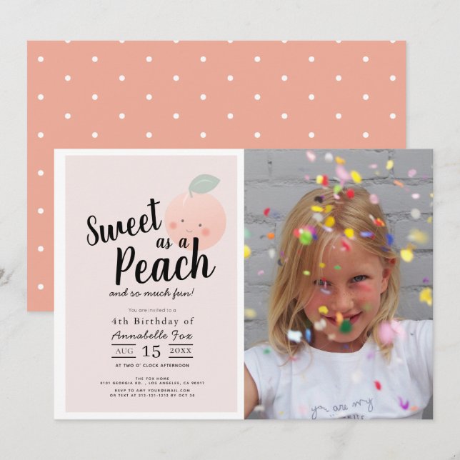Sweet as a Peach Cute Girl Photo Birthday Invitation (Front/Back)