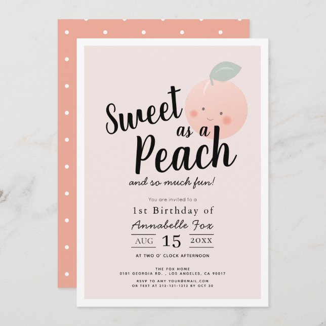 Sweet as a Peach Cute Kawaii Girl 1st Birthday Invitation (Front/Back)