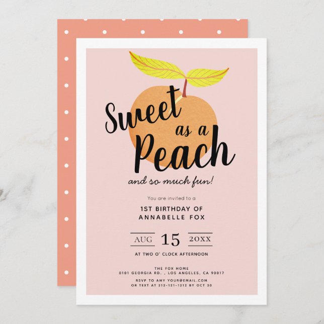 Sweet as a Peach Cute Retro Girl 1st Birthday Invitation (Front/Back)