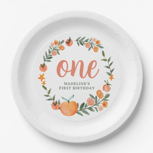 Sweet as a Peach First Birthday Paper Plate (Front)