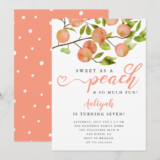 Sweet As A Peach Girl Birthday Party Invitation (Front/Back)
