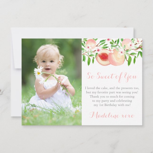 Sweet As A Peach Little Girl Birthday Party Photo Thank You Card (Front)