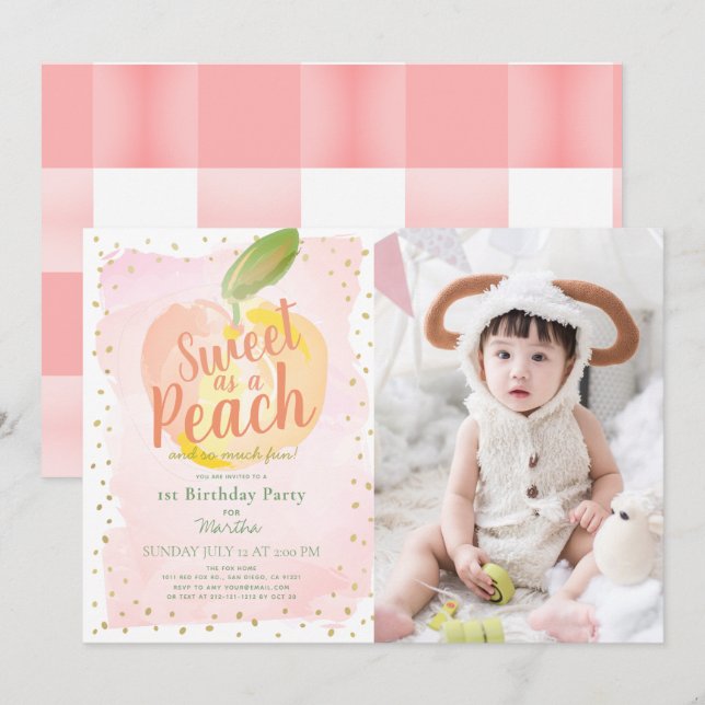 Sweet as a Peach Pink Girl Photo 1st Birthday Invitation (Front/Back)