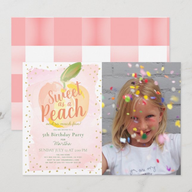 Sweet as a Peach Pink Girl Photo Birthday Invitation (Front/Back)