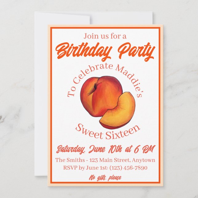 Sweet as a Peach Sixteen 16 Sixteenth Birthday Invitation (Front)