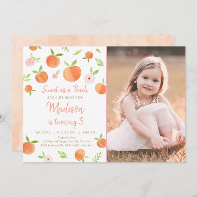 Sweet As A Peach Third Birthday Invitation (Front/Back)
