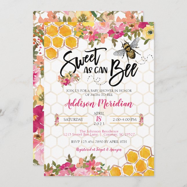 Sweet as can Bee Baby Girl Shower Invitation (Front/Back)