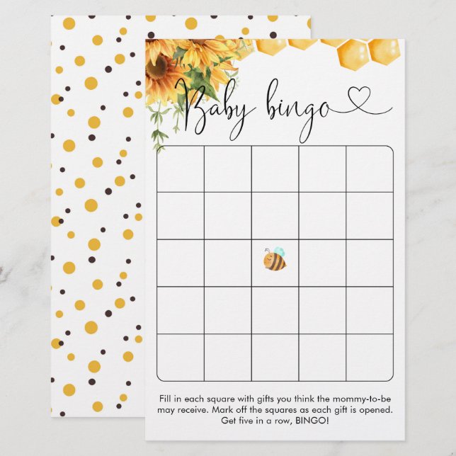 Sweet As Can Bee Baby Shower  Bingo Game (Front/Back)