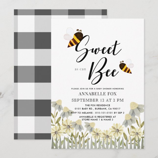 Sweet as can Bee Baby Shower Invitation (Front/Back)